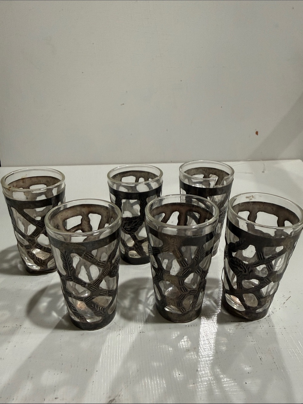 Vintage 1940’s Tequila Shot Glasses Mexican Silver Sleeve Set of 6 Pack